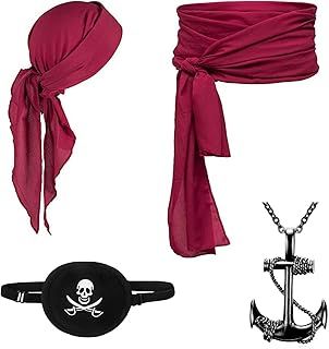 4-Piece Medieval Renaissance Pirate Costume Set - Bandana, Large Sash Belt, Eye Patch, Necklace - Accessories for Adult Men's Party