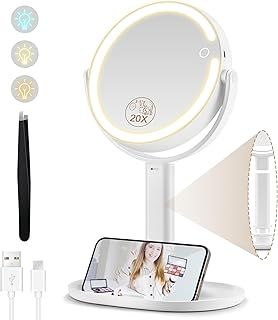 20x Magnifying Makeup Mirror with Light, 8" Double Sided 3 Colors, Rechargeable 360° Rotation Stand Mirror