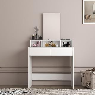 Panana Dressing Table with Mirror Vanity Makeup Table with 2 Drawers, Bedroome furniture White Dressing Table