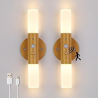 Rechargeable Wall Lights Indoor 2PCS Motion Sensor Night Light Battery Operaterd, Magnetic Wireless Wall Sconce Portable Lighting for Indoor Hallway Stairway (Wood Color, Warm White)