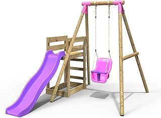 Rebo® Wooden Swing Set Plus Deck and Slide - Pluto Pink | OutdoorToys | Kids' Outdoor Wooden Play Equipment for Gardens, Frame and Accessories Included, Weather Resistant
