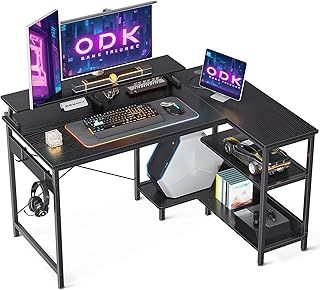 ODK Small Corner Desk, 120 x 50 cm Gaming Desk with Reversible Storage Shelves, L Shaped Desks with Monitor Stand and PC Stand for Home Office, Computer Desks with Headphone Hooks, Black