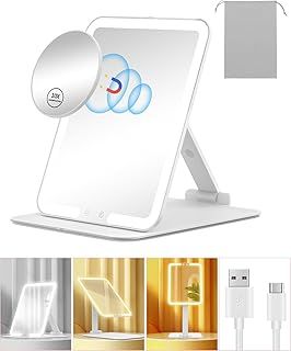 Gospire Travel Makeup Mirror with Lights and Magnification 10X, Portable Make Up Compact Tabletop Mirror with Adjustable Stand, 3 Colored Lights Rechargeable Lighted LED Vanity Mirror - White