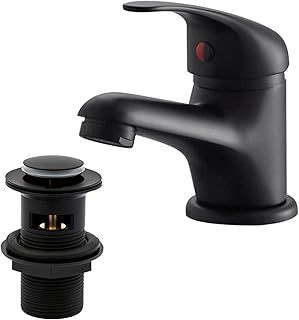 Matte Black Basin Mixer Tap with Pop Up Waste, BATHWEST Tradition Black Monobloc Brass Bathroom Sink Taps with Sink Plug, Single Handle Basin Taps Mixer with Basin Waste 022NBK