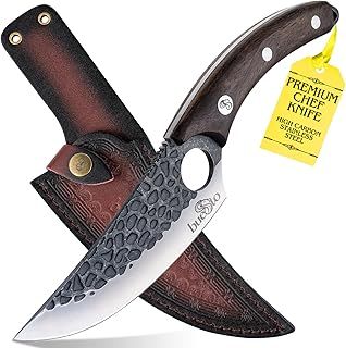 Chef Knife with Leather Sheath - Handmade Forged Japanese Knife - 6" Kitchen Knife - Meat Knife Full Tang Outdoor Chef's Knife - Ebonywood Handle