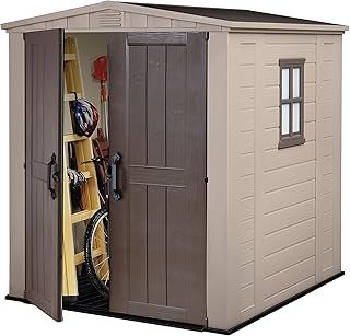 Keter Factor Outdoor Apex Double Door Garden Storage Shed 6 x 6ft Beige Brown Wood effect | Fade Free | All Weather Resistant | Safe and Secure | Zero Maintenance | 15 year Warranty
