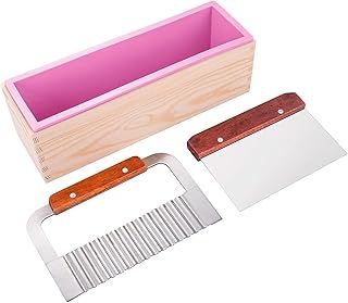Silicone soap molds kit 42 oz Flexible Rectangular Soap Loaf Mould with Wood Box,Stainless Steel Wavy & Straight Scraper Soap Making Supplies