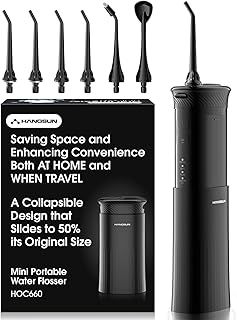 Hangsun Water Flosser Cordless Travel, Portable Dental Flossers for Teeth, Mini Electric Oral Irrigator HOC660, IPX7 Waterproof, Telescopic Tank & 6 Jet Tips, Home and Travel use