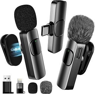 BYbrutek Upgraded 3-in-1 Wireless Lavalier Microphone with an Adjustable Collar Clip and Adapter - for iPhone/Android/Computer - Mini Mic for Video Recording/Podcasts, Built-in Noise-Canceling Chip