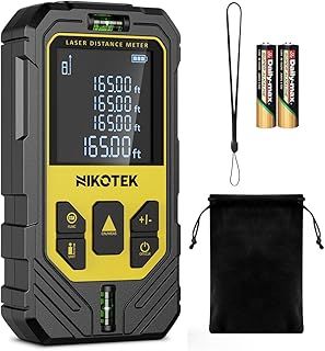 NIKOTEK Laser Measure Device, Laser Distance Meter IP54 Portable Digital Measurement Tool Range Finder with Bubble Levels and 4 Line Black LCD Display (2*Battery Include)
