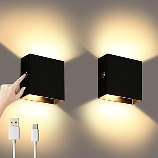 Lightess 2Pcs Wall Lights Dimmable, Rechargeable Wall Light Touch Up Down Wall Light USB Uplighter Downlighter Wall Lamp Sconce Black for Bedroom, Living Room, Balcony, Bedside, Warm White