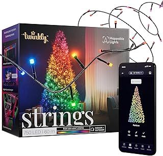 Twinkly Strings 750 LED RGB, Mappable LED Light Strip for Outdoor and Indoor, Smart LED Lights, Compatible with Alexa and Google Home, IP44, App Controlled, Black Wire, 60m