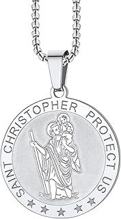ChainsPro Saint Christopher Protect Us Pendant Necklace,22''+2'' Box Chain 4mm,Silver/Gold/Black Stainless Steel Ova/Medal/Octogon Travellers Protection Patron Saint Pendant for Men Women