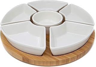 Rotating Dip Set | Lazy Susan with 6 Ceramic Dishes | Serving Platters | Snack Dishes with Turntable | Dips, Snacks & Appetisers | M&W (White)