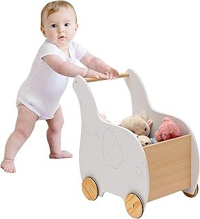 GYMAX Wooden Baby Learning Walker, 2-in-1 Stand Baby Walker with Large Toy Storage Chest and 4 Wheels, Push Along Toy for Infant Toddler (White)