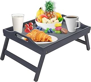 Grey Bamboo Bed Tray Table With Handles & Foldable Legs, Multipurpose Lap Tray & Standing Desk For Breakfast In Bed, Sofa, Eating, Platters, Working, Serving, Drawing, Laptop Stand & Snack Tray