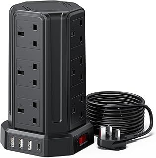 Tower Extension Lead 5M, [13A 3250W] 12 Way Extension Tower Multi Plug Extension Sockets with 4 USB Slots, Surge Protector Extension Cable 5M for Home, Office, Kitchen