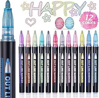 Arts and Crafts for Kids, Glitter Pens Outline Marker Pens, Teenage Girls Gifts Birthday Presents, 12 Colouring Pens Outline Pens for Scrapbook, Art Supplies, Gifts for 4-12 Year Old Gir