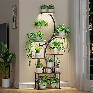 BACEKOLL Plant Stand Indoor with Grow Lights, 8 Tiered Indoor Plant Shelf, 157CM Tall Plant Stand for Plants Multiple, Metal Plant Flower Holder Stand, S-Shaped Plant Rack for Home, Patio, Corner