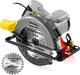 Enventor Circular Saw, 1400W 6000RPM Electric Circular Saws with Laser Guide, Max Cutting Depth 62mm (90°), 48mm (45°), Saw Blades(185mm, 24T), Pure Copper Motor, Ideal for Wood Cutting Corded