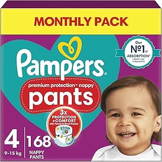 Pampers Premium Protection Nappy Pants Size 4, 168 Nappies, 9kg-15kg, Monthly Pack + Pampers Harmonie Aqua Baby Wipes 1 pack of 10 Wipes