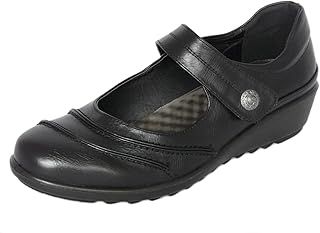 Cushion Walk Womens Ladies EEE Extra Wide Fitting Shoes, Lightweight Black Faux Leather Mary Jane Shoes with Low Wedge Heel, Casual Work Office Nurse Comfort Shoes