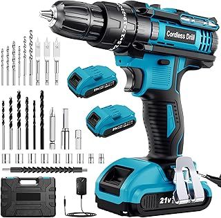 Cordless Drill Driver 21V, Cordless Hammer Combi Set with 2 Batteries 2000mAh, 42N.m Max Electric Battery Drill, 25+3 Torque, LED Light, 2 Speed, 30PCS for Home and Garden DIY Project