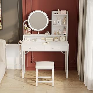 ODK Dressing Table Set, with height-adjustable mirror for 120-180 cm, LED Lights with Adjustable Brightness, Vanity Table with stool, 2 fabric Drawers and 4 Open Compartments, 80×40×136cm, White