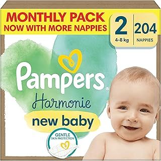 Pampers Harmonie Nappies Size 2, 204 Nappies, 4kg-8kg, Monthly Pack, Gentle Skin Protection with 100 Percent Pampers Protection