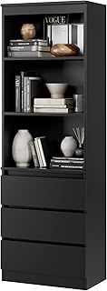 FirFurd 180cm Tall Bookcase Bookshelf with 3 Drawers and Shelves Living Room Storage Cabinet Freestanding Display Cupboard Unit Wooden Black
