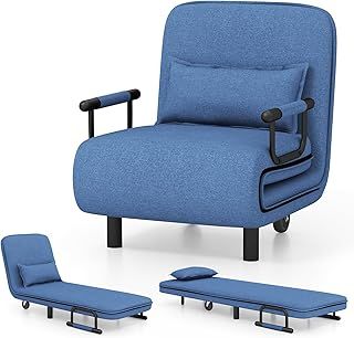 COSTWAY Single Folding Sofa Bed Chair Modern Fabric Sleep Function Holder with Pillow & Wheel for Home Bedroom Living Room Office Indoor (Blue)