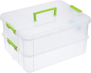 SUMNACON Stackable Storage Box 2 Tier Adjustable Plastic Storage Box with Carrying Handle Transparent Storage Boxes for Toys and Crafts Sewing Accessories Green