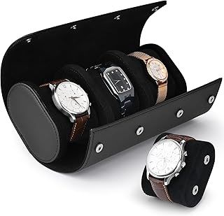 Eucomir Watch Case 3 Slot Watch Roll Travel Case, Watch Box for Men Pu Leather Watch Organizer Portable Display Storage Box Watch With Detachable Pillow, Black