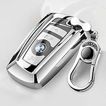 Tpu Silicone Full Protective Car Key Fob Cover for BMW，3 Buttons Remote Control Smart Key Case with Leather Keychain, Compatible with BMW 1/3/4/5/6/7 Series and X3/X4/M5/M6/GT3/GT5,etc.-Silver