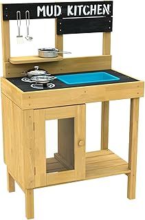 TP Toys Junior Cook Wooden Mud Kitchen - FSC Certified Timber. Includes A Starter Set Of Stainless Steel Pans & Utensils. Predrilled Holes And Easy Slot Frame, Perfect For Sand Play - 3 Years+