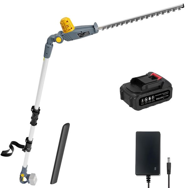 Cordless Hedge Trimmer Long Reach with Battery and Charger, 20V Telescopic Extendable Hedge Cutter, 2.4m Pole 45cm Dual Blade 150° Adjustable Head, Shoulder Strap Included, Fits Makita 18V Batteries