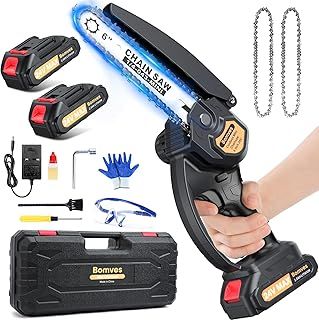 Mini Chainsaw with Battery - Vikeri 6 Inch Battery Saw with 2 Batteries and 2 Chains, Safety Lock, Electric Hand Saw for Garden Shears, Loppers Wood Cutting