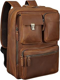 TIDING Leather Backpack for Men 15.6 Inch Laptop Bag Vintage Multi Pockets Travel Rucksack Casual Daypack, Brown