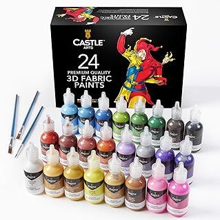 Castle Art Supplies 3D Fabric Paint Set | 24 Quality Vibrant Colours in 29ml Bottles | for Artists; for Crafters; for Fun | Clothing, Textile, Canvas, Glass, Wood, Shoes | in Strong Selection Box