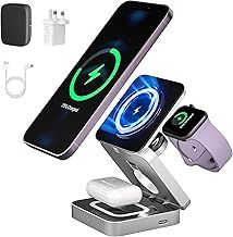 3 in 1 Wireless Charging Station for iPhone, Adjustable Magnetic Wireless Charger, Foldable Travel Charging Stand Dock for iPhone 15/14/13/12 Series, AirPods, Apple Watch