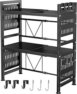 LUCKY KVW Microwave Shelf, Expandable Microwave Oven Rack, Microwave Stand, Upgraded Adjustable Shelf with Hooks Duty Extendable 3-Tier Shelf for Kitchen Shelves Counter Top Organizer