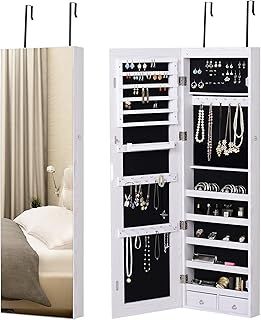 HOMCOM Jewelry Cabinet with Mirror and LED Lights, Lockable Makeup Cosmetics Jewellery Organiser, Mirror with Storage for Bedroom Dressing Room, White