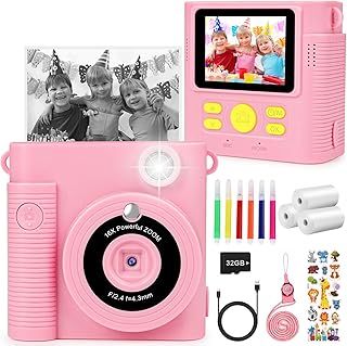 Kids Instant Print Camera, 1080P HD With 16x Digital Zoom, Print Paper, DIY Color Pens & 32G SD Card - Birthday Toys for Boys Girls Age 3-10 - Pink