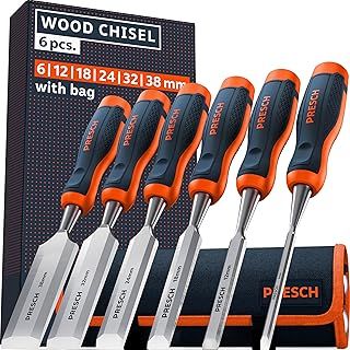 Wood Chisel Set 6 pcs. incl. Bag (6, 12, 18, 24, 32 & 38mm) - Fully Polished for immediate use - for Professionals with a 25° Angle and Robust Metal Striking Cap