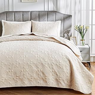 Qucover Green Bedspreads King Size Soft Lightweight Summer Bedspreads Vintage Flower Parrten Breathable Polyester Ultrasonic Quilting Technology Bedspread Coverlet Set with Pillow Shams, 270x243cm