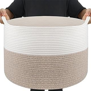 Maliton Laundry Basket, Large Blanket Basket for Toys Clothes, 55x35cm 68L Foldable Hols Shape Well with Robust Handles, Colours Suit Neutral Decor Laundry Hamper for Living Room Bedroom, White&Brown