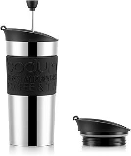 BODUM Travel French Press Coffee Maker Set, Stainless Steel with Extra Lid, Vacuum, 350 ml/12 oz, Black