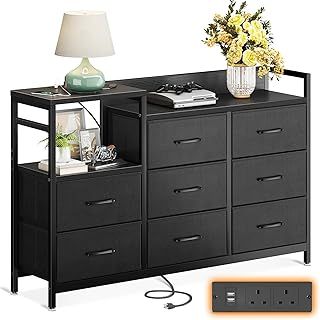 ODK Black Chest of Drawers Bedroom, Contains 2 USB & 2 AC Ports Sockets, 8 Fabric Drawers Multi-functional Drawers Suitable for Bedrooms,Living Rooms, Sturdy Storage Dresser, Black