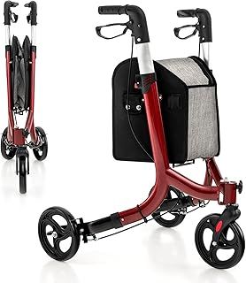 COSTWAY 3 Wheel Folding Rollator, Aluminium Mobility Walker with Adjustable Handle, Storage Bag and Brakes, Lightweight Walking Aid for Elderly Handicapped (Red)