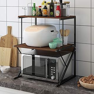 Rainbow Tree 3-Tier Microwave Oven Rack with Shelf for Kitchen, Heavy Duty Microwave Toaster Stand Kitchen Counter Top Organizer, Wooden Baker’s Rack with Metal Frame Brown